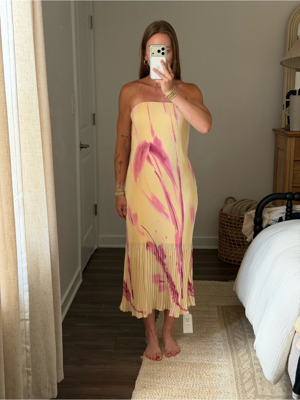 Abercrombie & Fitch Strapless Yellow Dress with Pink Tie-Dye